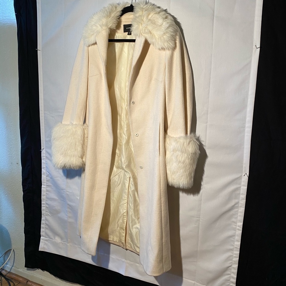 Express longline ivory faux fur pea coat